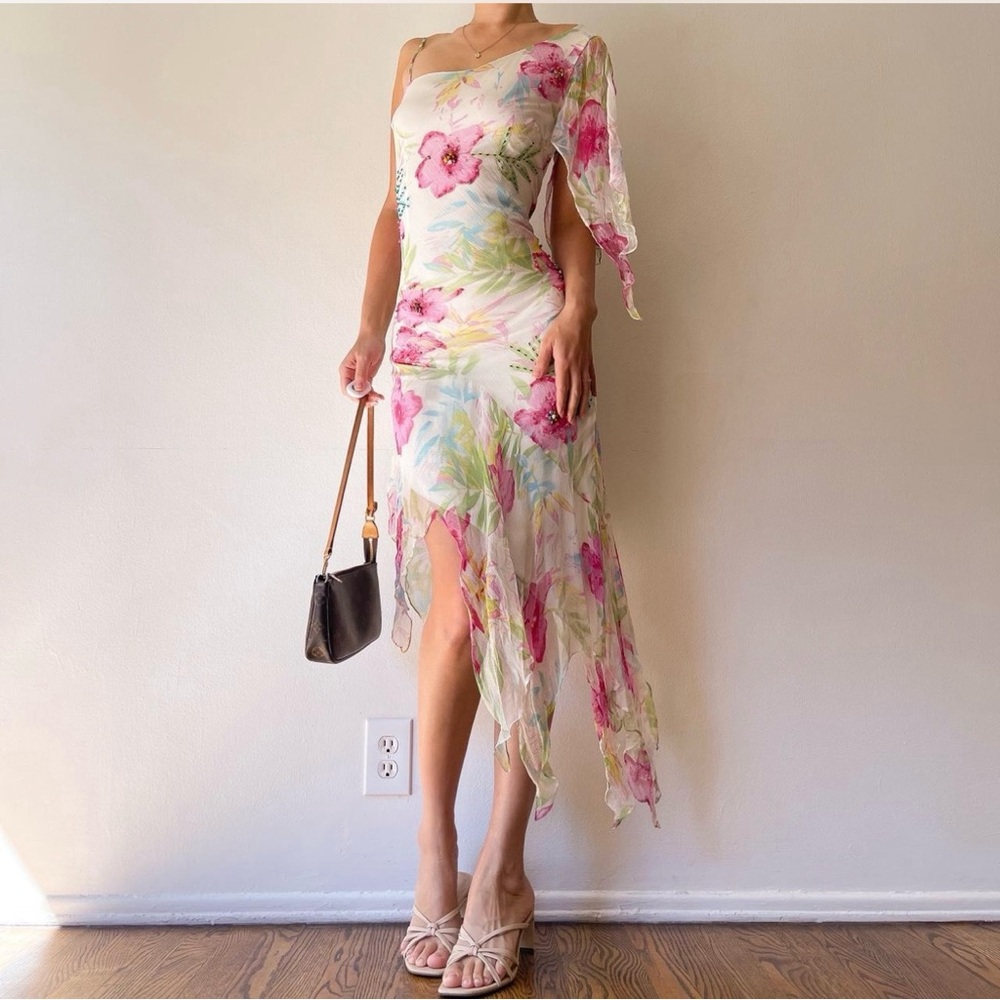 VINTAGE SILK FLORAL BEADED PAPILLON DRESS - Picture 2 of 8